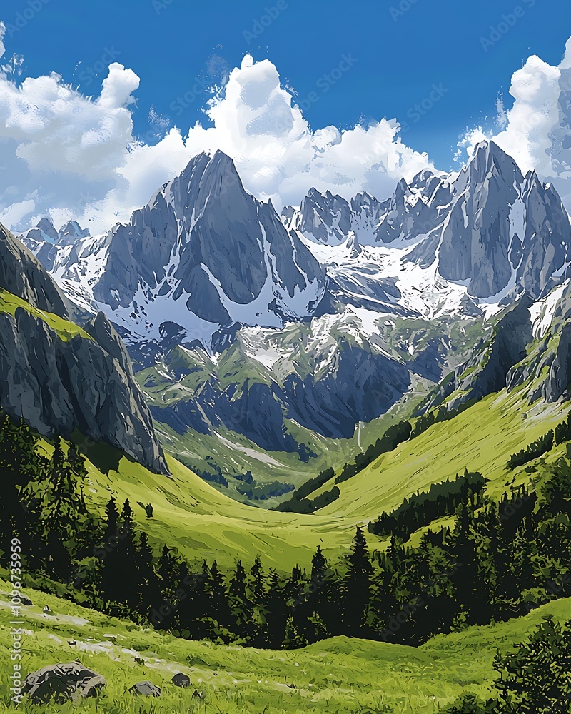 Fototapeta premium there is a mountain range with a green valley and a few trees