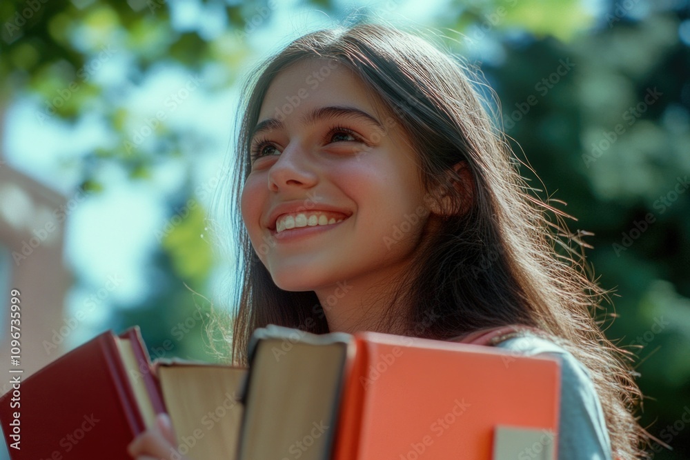 Fototapeta premium A young girl holding a bundle of books, possibly preparing for school or reading for pleasure