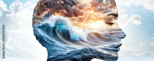 Double exposure concept with human face silhouettes and texture. Surreal blend of ocean waves and a woman's profile in a dreamlike scene