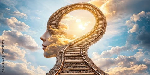 Double exposure concept with human face silhouettes and texture. Surreal image of a woman's profile formed by a railway track and clouds
