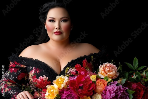 A woman is holding a bouquet of flowers in a black dress