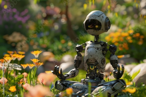 A serene robot meditating peacefully in a lush garden, surrounded by vibrant flowers and greenery. A robot doing yoga in a peaceful garden.