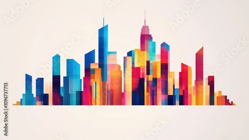 A vibrant, abstract skyline illustration featuring colorful geometric buildings against a light background.