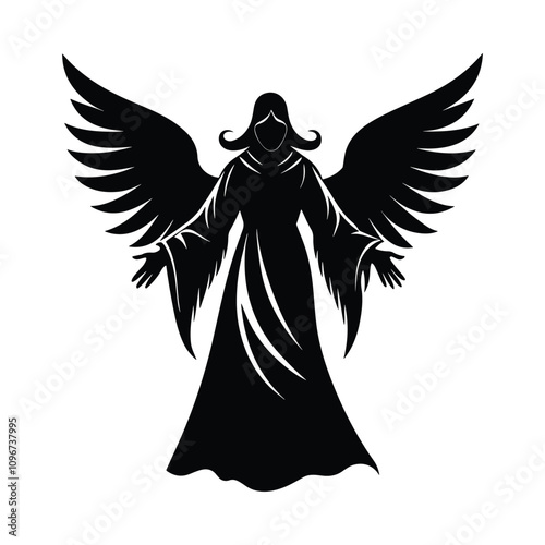 Graceful black silhouette of a Christmas angel with elegant flowing attire perfect for seasonal artistic creations
