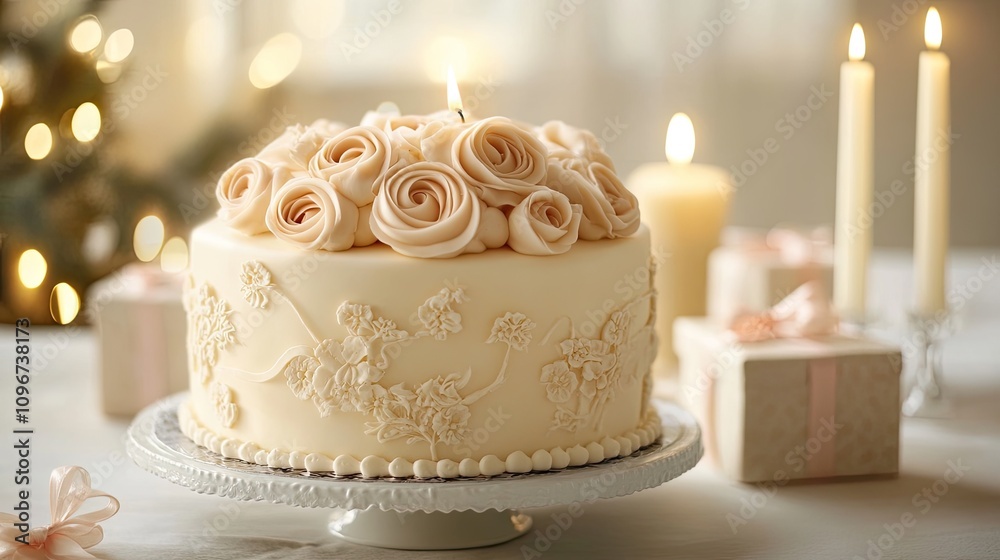 Classic ivory fondant cake with sculpted edible roses, elegant taper candles, vintage-style gift boxes, soft-focus interior decor Classic ivory fondant cake with sculpted edible roses, elegant taper candles, vintage-style gift boxes, soft-focus interior decor
