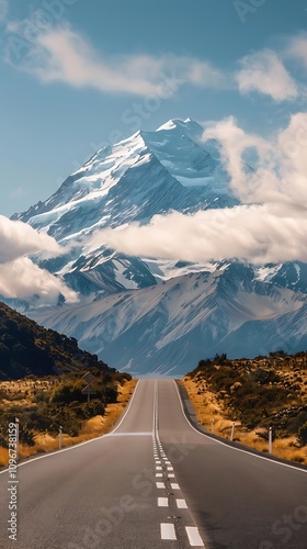 there is a long road going through the mountains with a mountain in the background