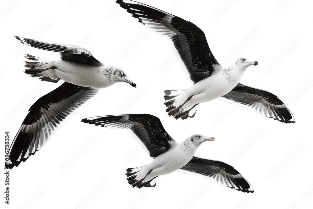 Obraz premium Three seagulls soaring through the sky