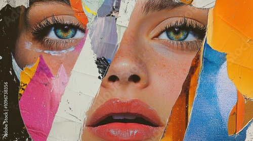 Collage of a woman's face with vibrant torn paper layers