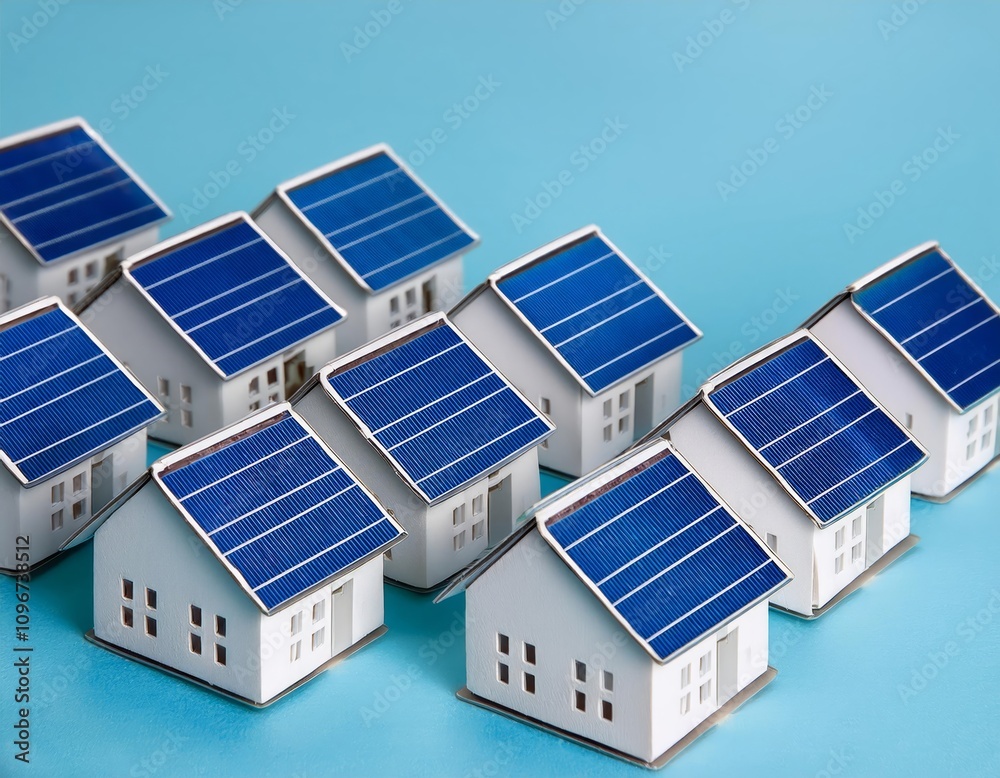 collection of small white houses with blue solar panels on their roofs collection of small white houses with blue solar panels on their roofs