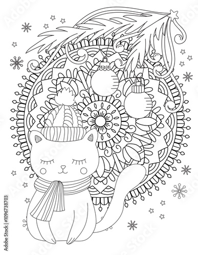 Christmas coloring page. Adult coloring book. Cute cat with scarf and knitted cap. Hand drawn vector illustration.