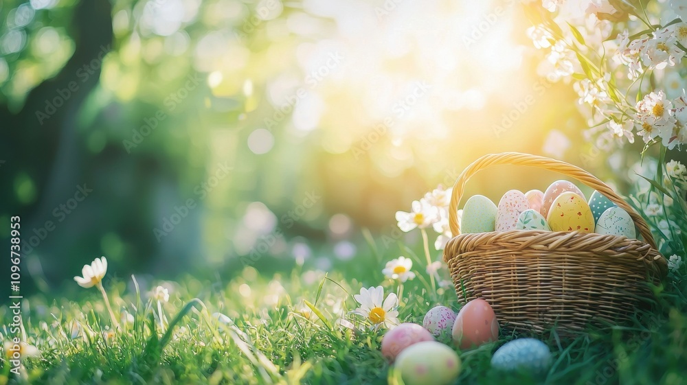 Sunlit Garden with Easter Eggs in Basket Sunlit Garden with Easter Eggs in Basket