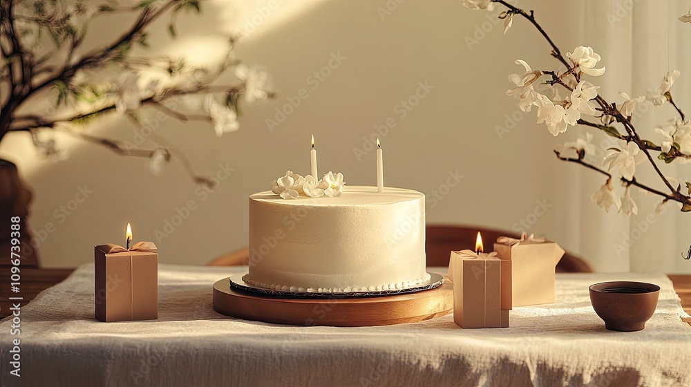 Clean Zen-inspired cake with smooth matte finish, subtle candles, minimalist gift boxes, tranquil Japanese tea garden setting Clean Zen-inspired cake with smooth matte finish, subtle candles, minimalist gift boxes, tranquil Japanese tea garden setting