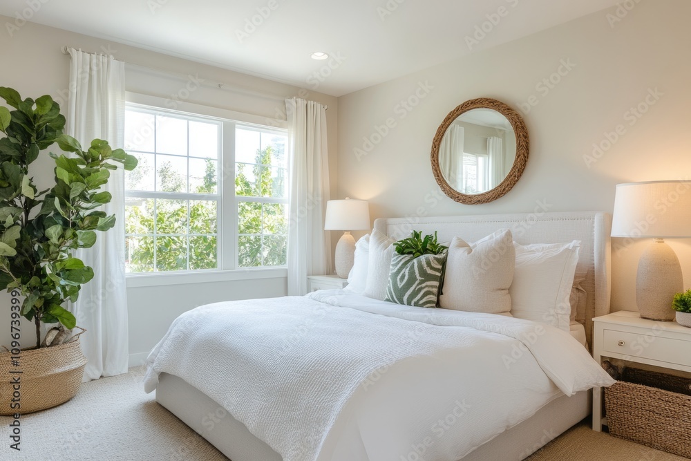Spacious and Elegant Bedroom with White Bed, Large Window, and Modern Interior Design Spacious and Elegant Bedroom with White Bed, Large Window, and Modern Interior Design