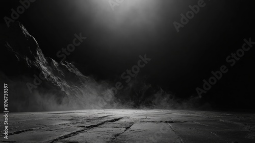 Dramatic black and white image of a misty, mountainous landscape with a textured foreground.