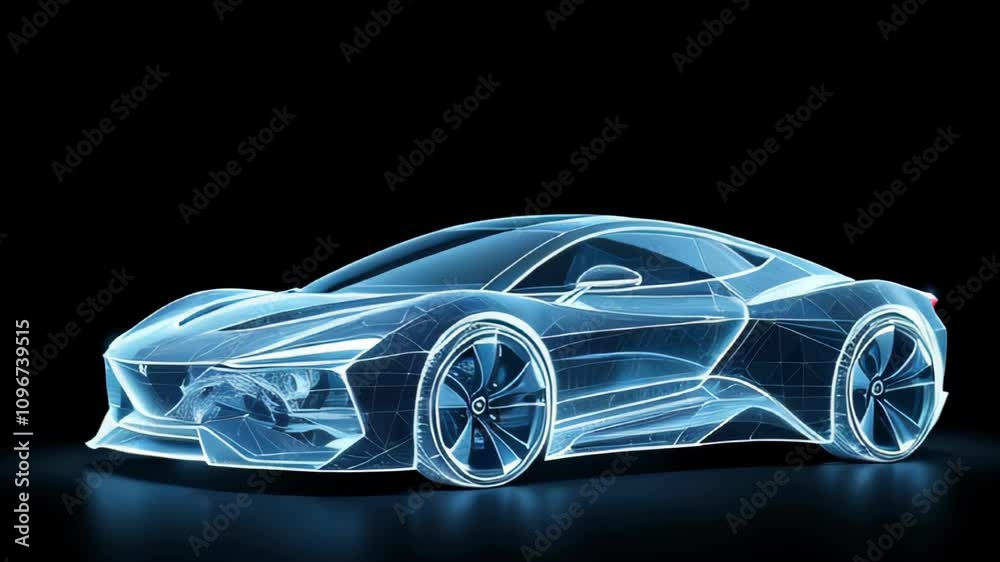 A futuristic holographic car blueprint glowing in neon blue, displayed on a dark background, highlighting advanced vehicle technology. A futuristic holographic car blueprint glowing in neon blue, displayed on a dark background, highlighting advanced vehicle technology.