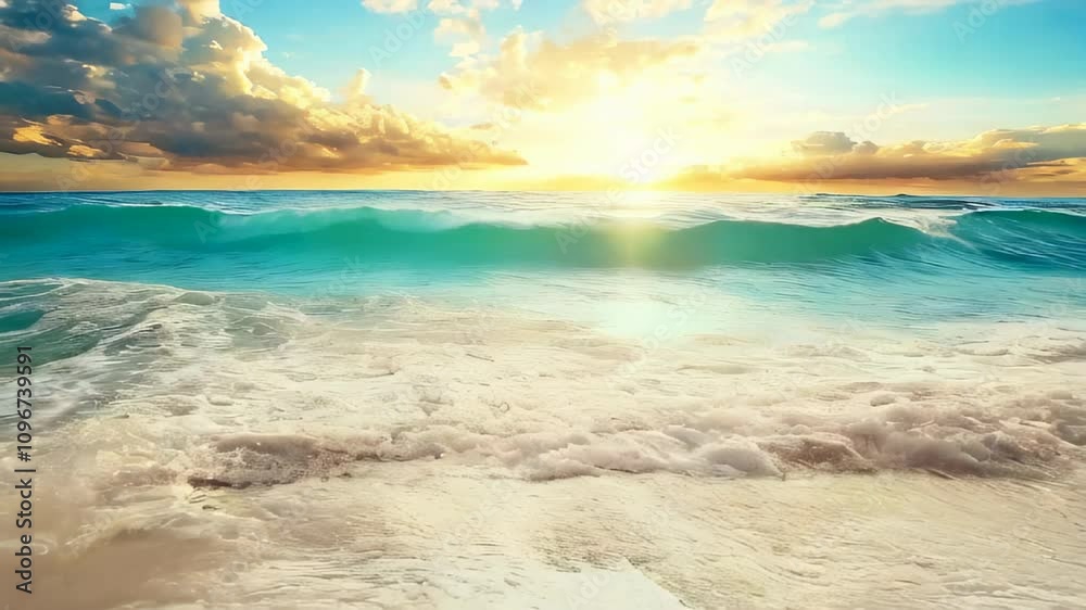 Vibrant sunrise over ocean waves with golden reflections on sandy beach Vibrant sunrise over ocean waves with golden reflections on sandy beach