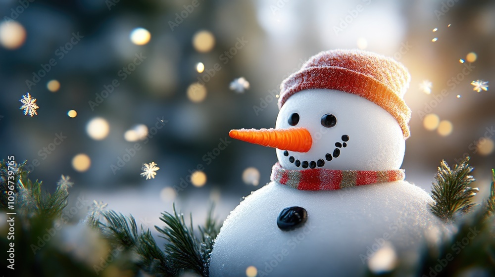 Obraz premium Snowman with Softly Glowing Nose in Snowy Evening Light