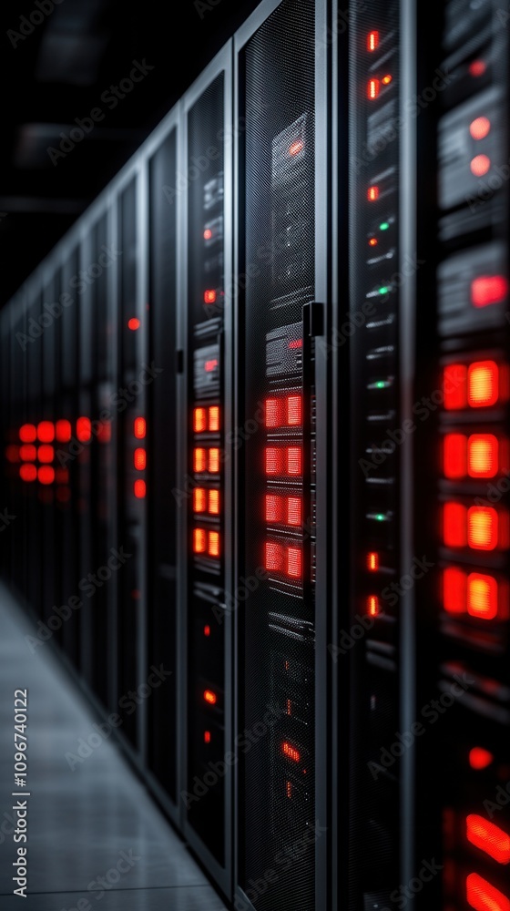 A sleek data center filled with server racks, illuminated by vibrant red lights, showcasing modern technology. A sleek data center filled with server racks, illuminated by vibrant red lights, showcasing modern technology.