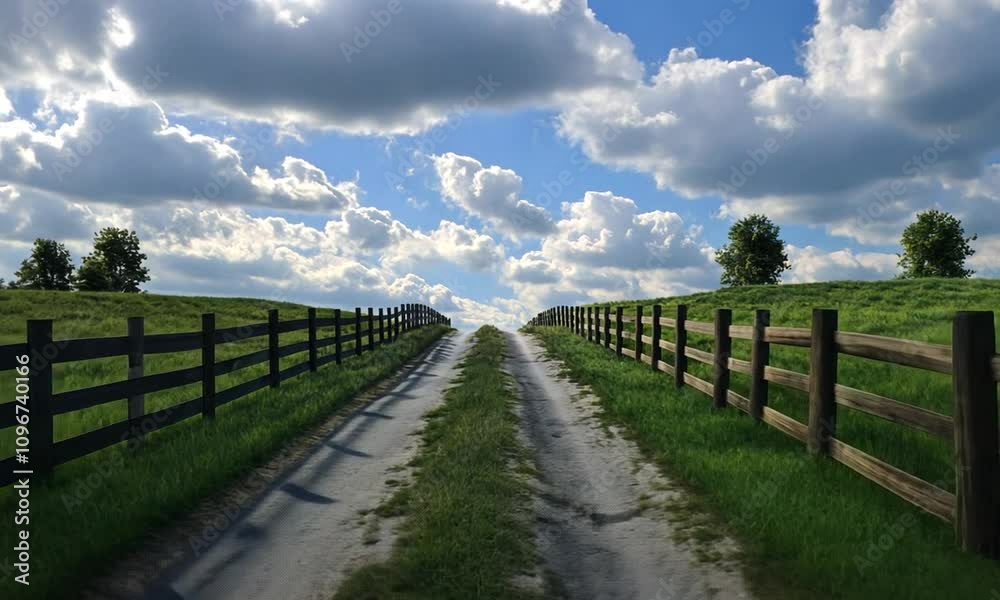 Serene Country Road with Wooden Fences and Lush Green Fields Under a Blue Sky Serene Country Road with Wooden Fences and Lush Green Fields Under a Blue Sky