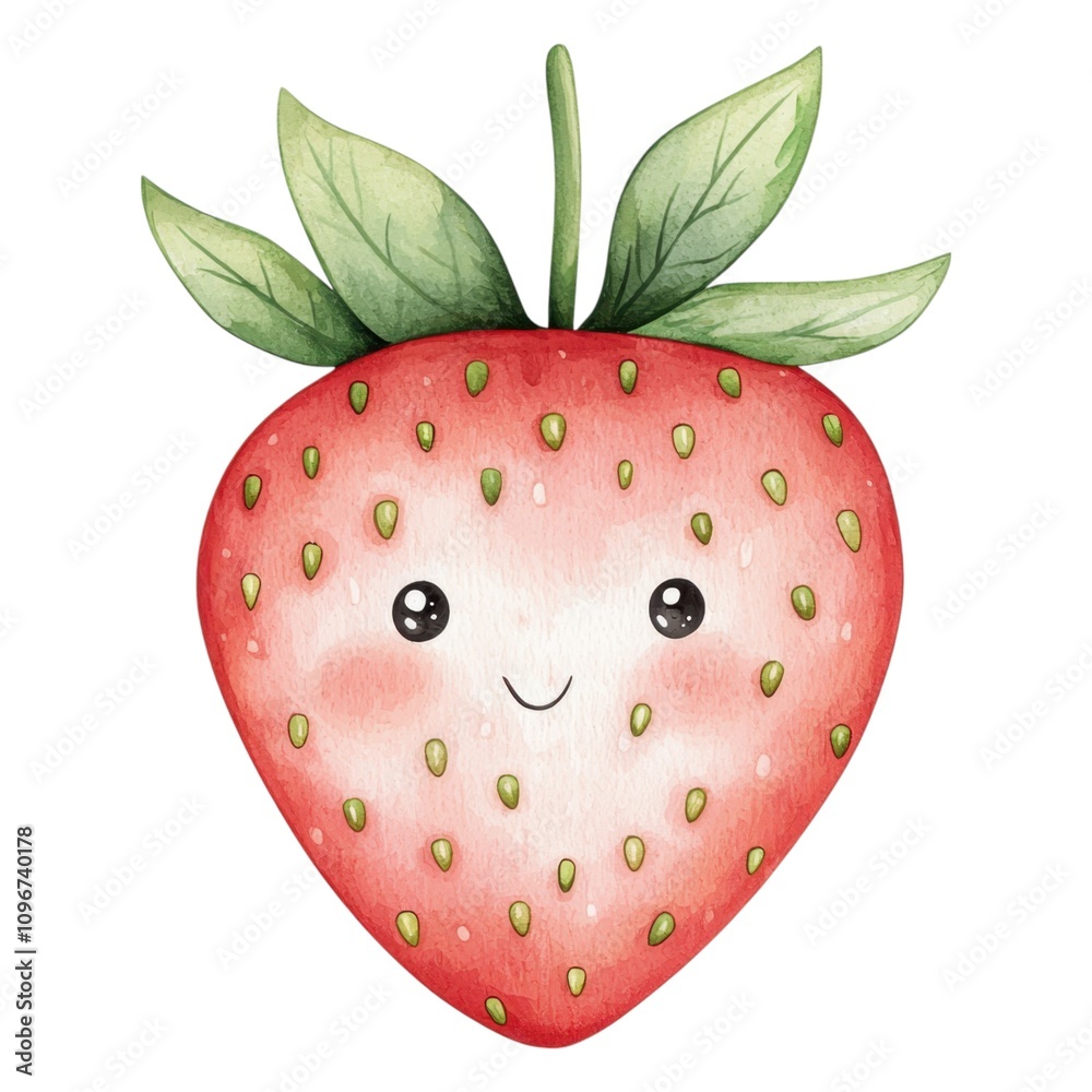 Obraz premium A cute, smiling strawberry with green leaves, designed in a whimsical, cartoonish style, evoking a cheerful and playful vibe.