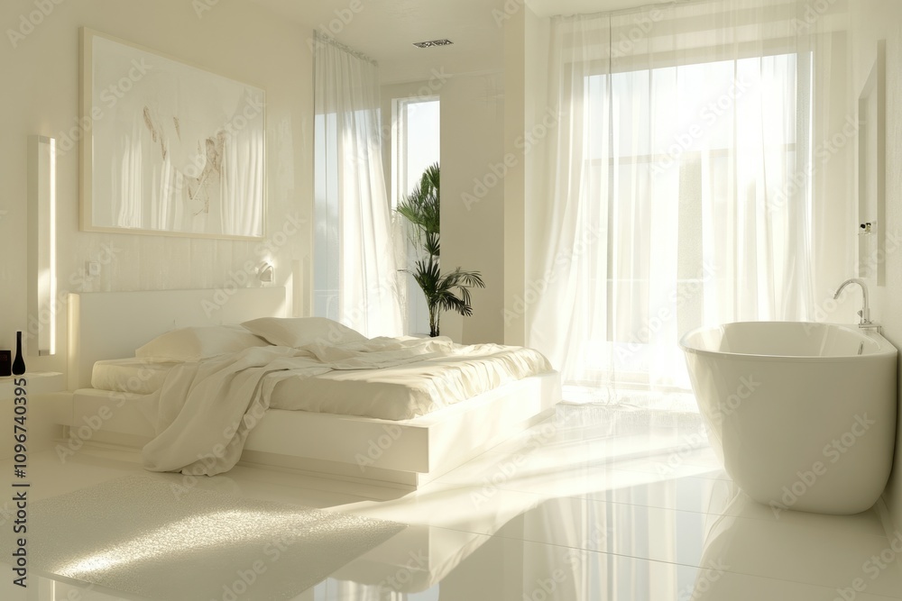 Fototapeta premium Modern Bedroom Design with White Furniture and Attached Bathroom