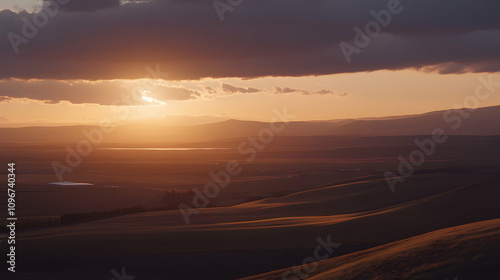 Serene sunset over rolling hills and distant plains, bathed in warm golden light. A breathtaking landscape photograph perfect for travel, nature, or serenity themes.