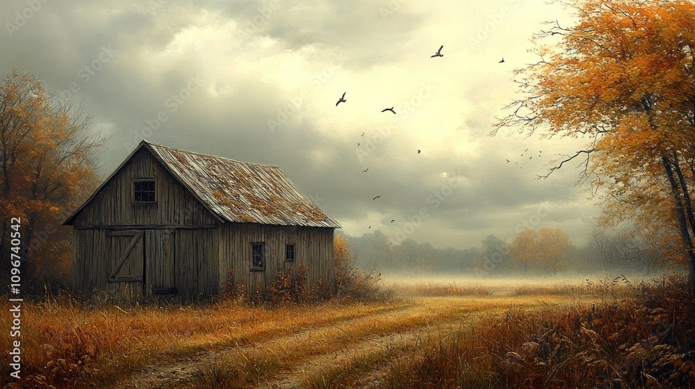 Serene Autumn Barn: A Misty Meadow Landscape Serene Autumn Barn: A Misty Meadow Landscape