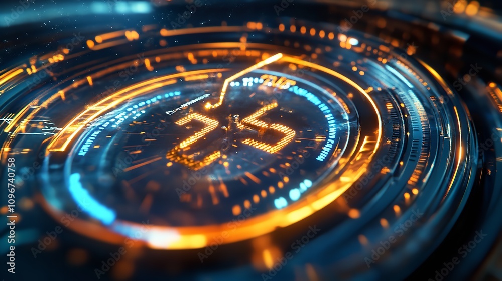 Close-up of a futuristic clock face with glowing orange accents. Close-up of a futuristic clock face with glowing orange accents.