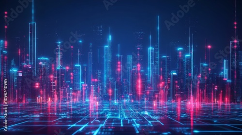 Futuristic cityscape at night, glowing neon skyscrapers and digital network.