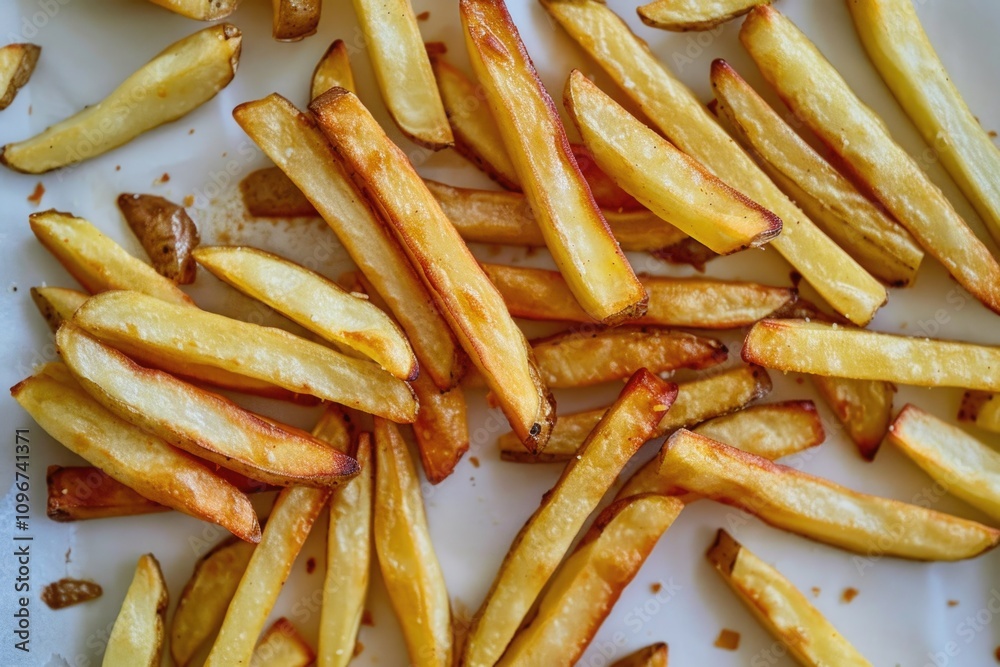 A white plate filled with crispy french fries smothered in ketchup