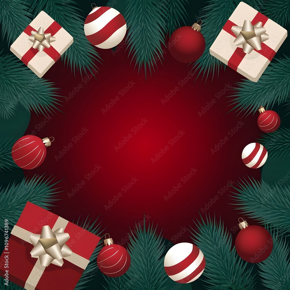 Xmas background mockup with copyspace. Boxes of gifs under cristmas fir tree on wooden floor near fireplace. Ornaments, garland and golden ball with beautiful orange backlight.