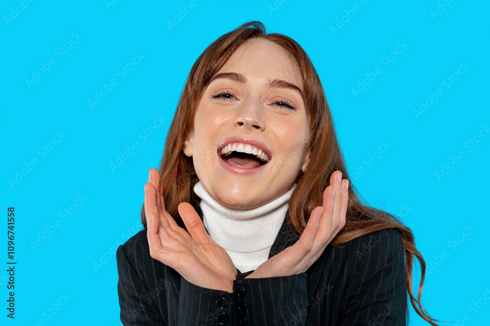 Woman smiling brightly against a colorful backdrop while showcasing joyful expression and style Woman smiling brightly against a colorful backdrop while showcasing joyful expression and style
