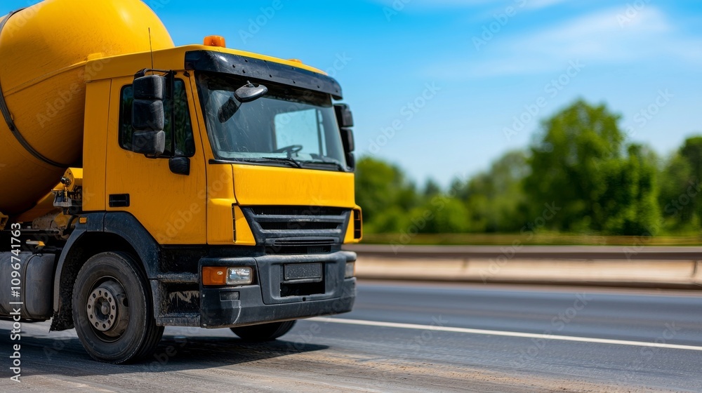 Construction Action Urban Highway Yellow Cement Mixer Truck Sunny Day Close-Up View Transportation and Industry Concept