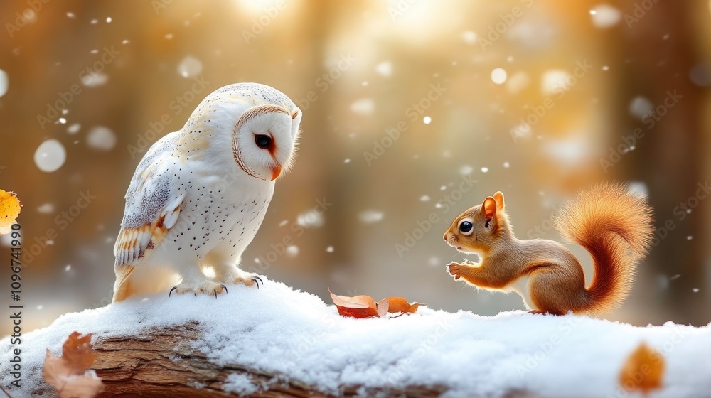 Obraz premium Baby Squirrel Seeking Warmth from Snow-Covered Owl