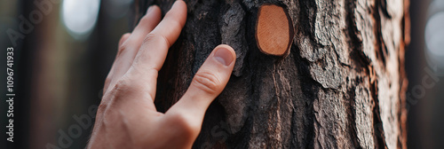 A hand gently touches the rough, textured bark of a tree, conveying a connection to nature and the tangible feeling of the natural environment. photo