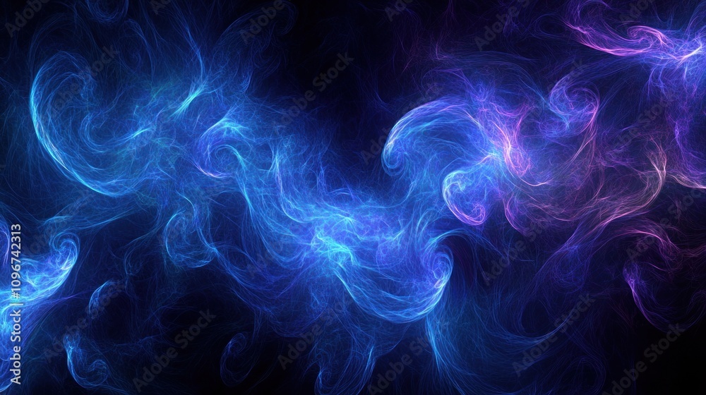 Obraz premium Abstract swirling blue and purple smoke on black background.