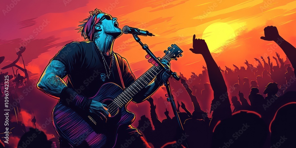 A vibrant scene of a musician performing passionately in front of an energetic crowd at sunset. A vibrant scene of a musician performing passionately in front of an energetic crowd at sunset.