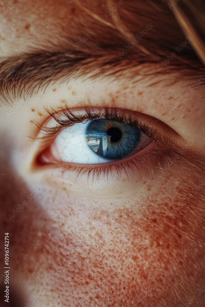 A detailed view of an eye with distinctive freckles, ideal for use in portraiture, beauty or lifestyle themes A detailed view of an eye with distinctive freckles, ideal for use in portraiture, beauty or lifestyle themes