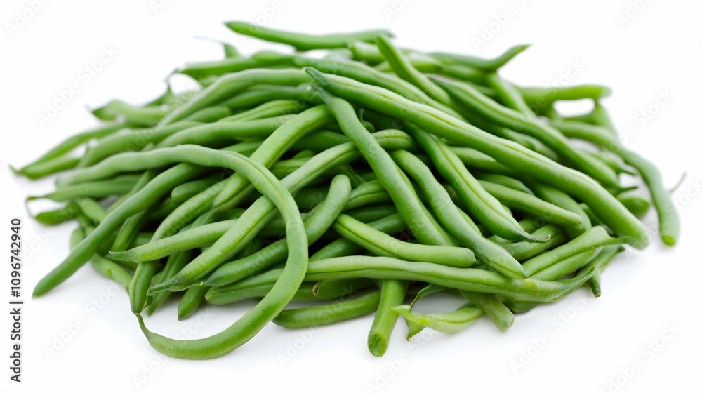 Fresh green beans, healthy and delicious vegetable, perfect for cooking or salads. A pile of vibrant green beans isolated on a white background. Fresh green beans, healthy and delicious vegetable, perfect for cooking or salads. A pile of vibrant green beans isolated on a white background.