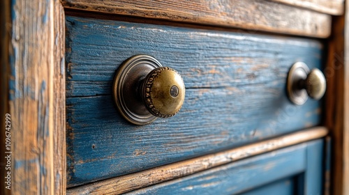 Rustic Charm: Close-up of Antique Wooden Chest with Brass Knobs