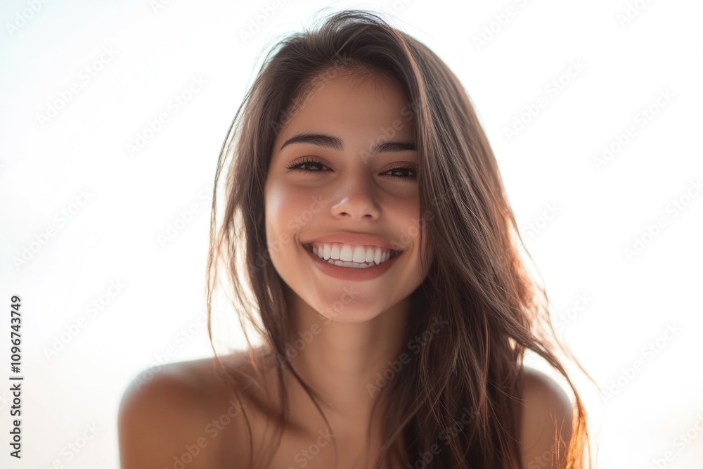 A smiling woman with long brown hair, perfect for portraits and personal use A smiling woman with long brown hair, perfect for portraits and personal use