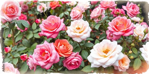 Blooming watercolor roses in a lush garden, rose flowers, gentle hues, peaceful ambiance