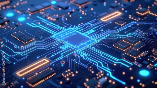 A vibrant close-up of a circuit board showcasing intricate connections and glowing blue circuits.