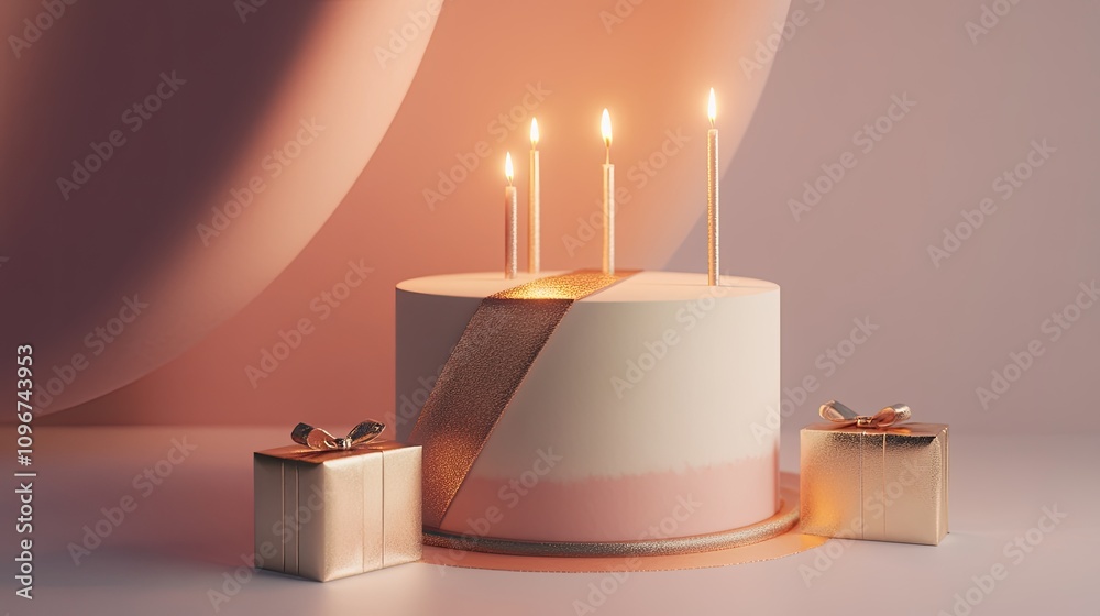 Minimal two-tone cake with a sharp diagonal split, matching candles, sleek metallic gift boxes, artistic abstract background Minimal two-tone cake with a sharp diagonal split, matching candles, sleek metallic gift boxes, artistic abstract background