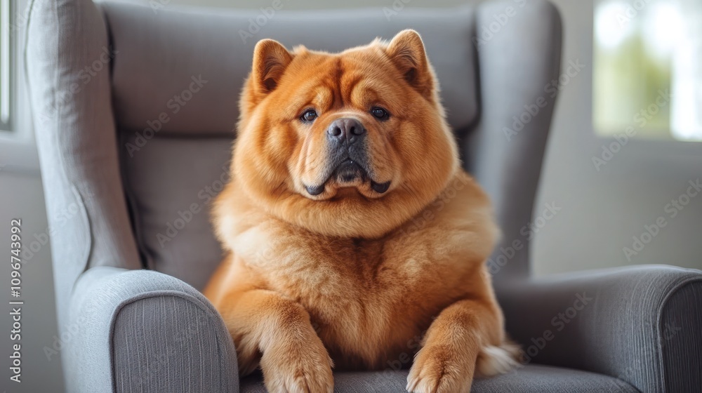A fluffy chow chow dog lounging in a cozy armchair, looking relaxed and content. A fluffy chow chow dog lounging in a cozy armchair, looking relaxed and content.
