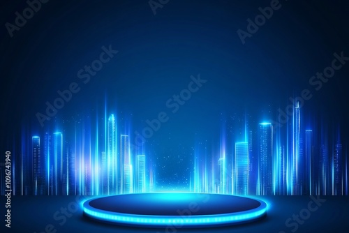 Futuristic Digital Cityscape with Holographic Podiums and Neon-Lit Stage for Business Presentations