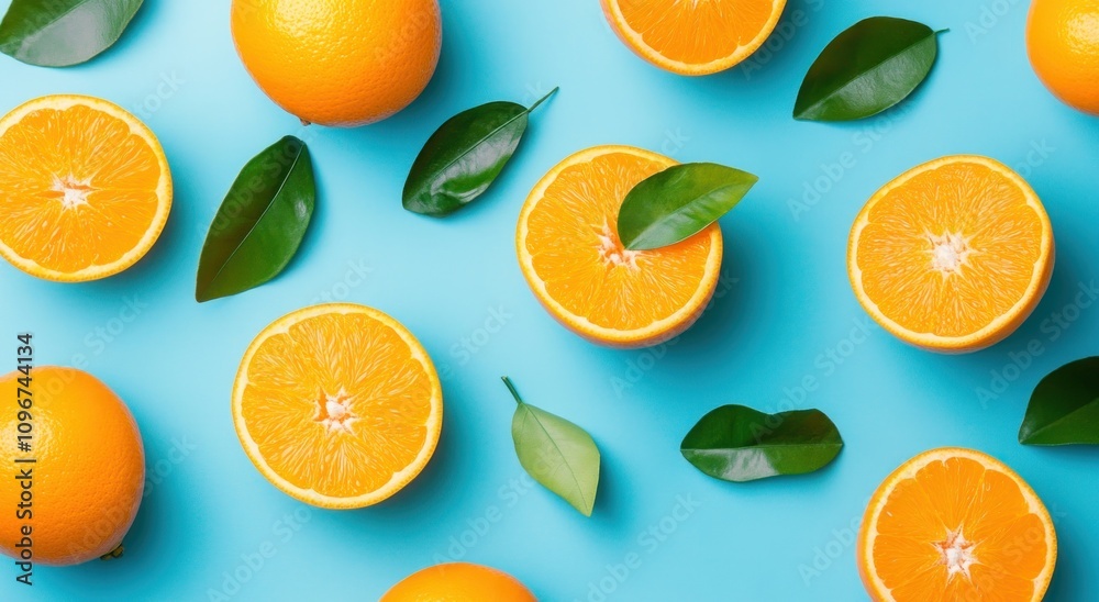 A vibrant arrangement of whole and halved oranges with green leaves on a blue background. A vibrant arrangement of whole and halved oranges with green leaves on a blue background.