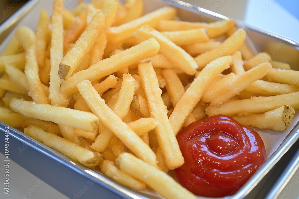 A plate of crispy french fries served with ketchup for dipping A plate of crispy french fries served with ketchup for dipping