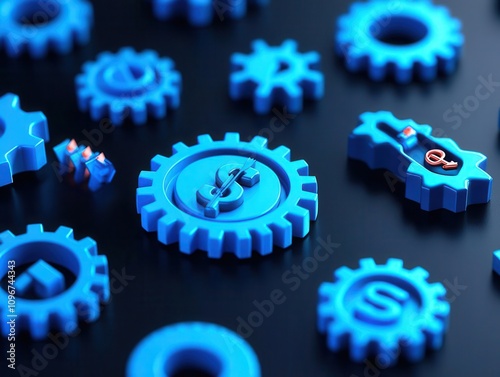 Financial ecosystem, gears with economic symbols, 3D illustration