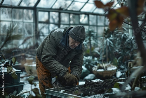 Greenhouse worker harvesting fresh vegetables in winter season